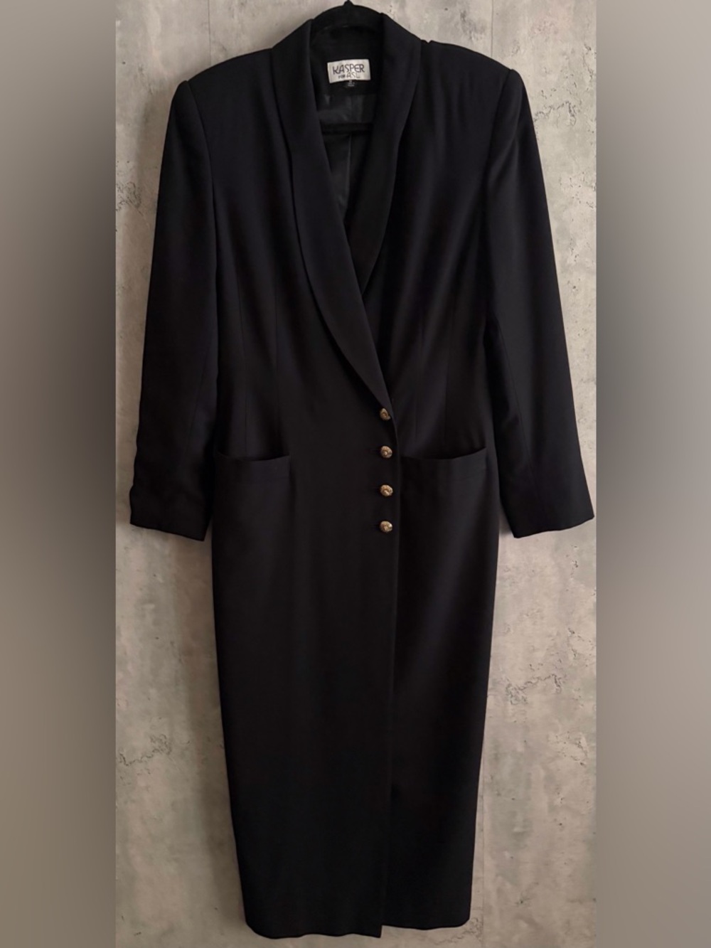 VTG Kasper for ASL Womens BlK Gold Tone Buttons Double Breasted Coat Dress Sz8